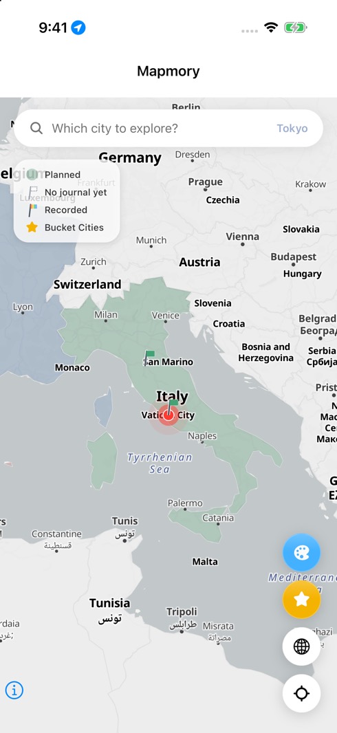 Travel Mapmory world map with visited countries filled in colour